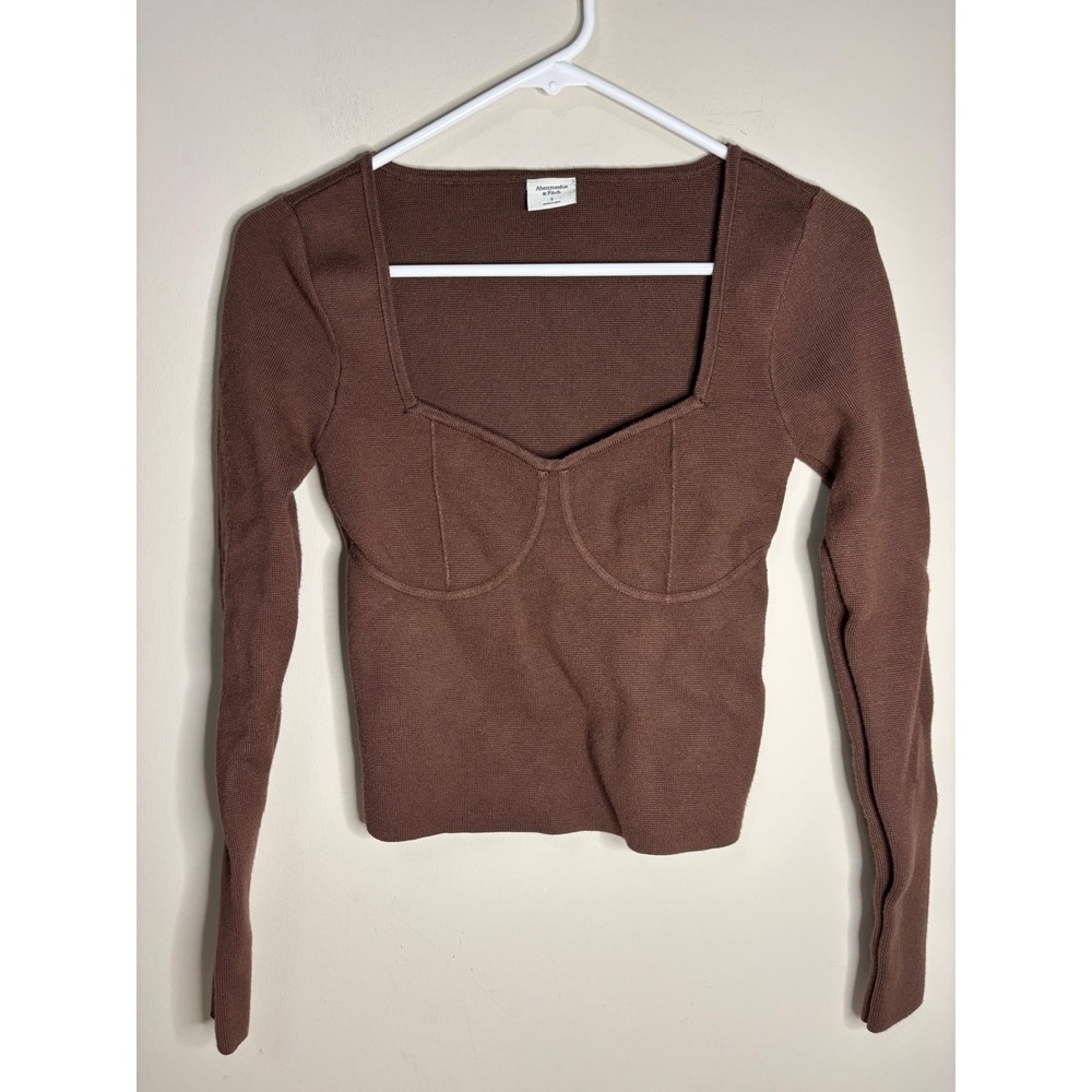 Abercrombie Fitch Brown Square Neck Long Sleeve Fitted Knit Sweater Top W Size S